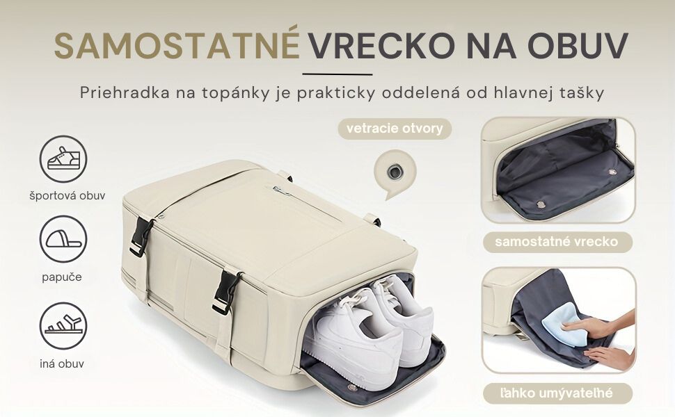Samostatné vrecko na obuv s prieduchmi a ľahko umývateľným povrchom, ideálne pre športovú obuv, papuče a inú obuv. Praktické oddelenie od hlavnej časti tašky